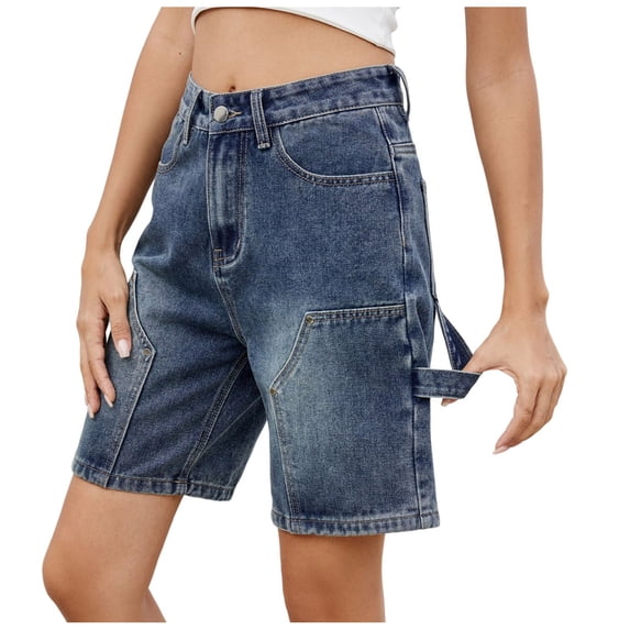 JGGSPWM Women's Stretchy High Waisted Casual Denim Jean Bermuda Shorts with Pockets Summer Streetwear Blue 2XL
