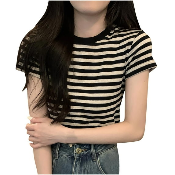 JGGSPWM Women's Striped Cotton Short Sleeve Crop Top Round Neck Casual Fashion Black 2XL