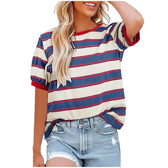 JGGSPWM Women's Striped Cotton Short Sleeve Top Round Neck Printed Blue 2XL