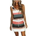 thumbnail image 1 of JGGSPWM Women's Striped V Neck Mini Dress Elastic Waist Drawstring Dresses Pink XL, 1 of 5