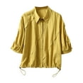 thumbnail image 1 of JGGSPWM Women's Summer Adjustable Drawstring Hem V-Neck Cotton Linen Blouse Breathable Tops Yellow 2XL, 1 of 2