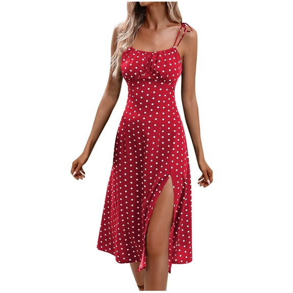 JGGSPWM Women's Summer Casual Fashion Hanging Strap Split Printed Round Neck Dress Red S