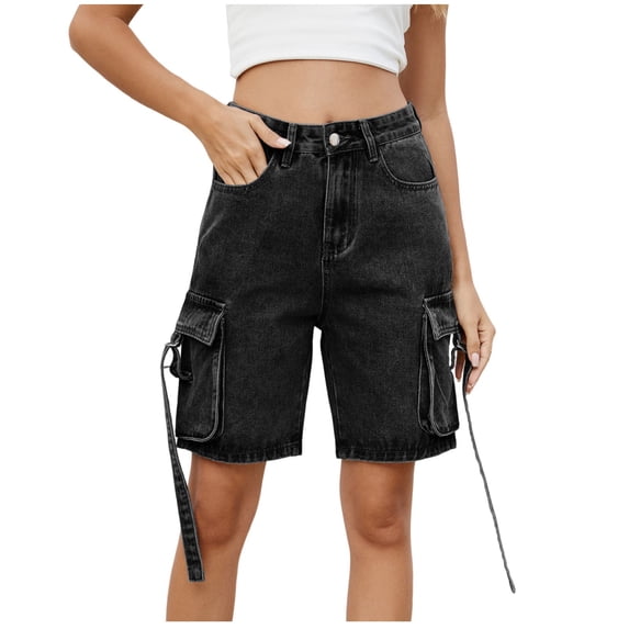 JGGSPWM Women's Summer Casual High Waisted Knee Length Bermuda Shorts Cargo Jean Pants with Pockets Black XL