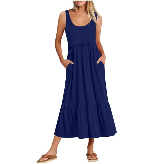 JGGSPWM Women's Summer Casual Loose Sleeveless V Neck Swing Dress Flowy Tiered Maxi Beach Dress with Pockets Blue M