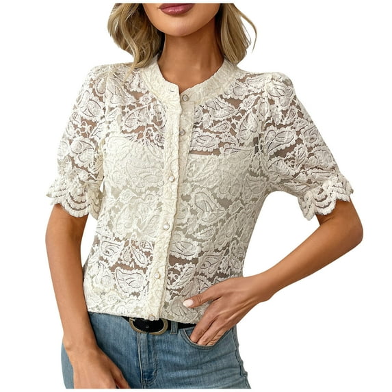 JGGSPWM Women's Summer Casual Short Puff Sleeve Lace Crew Neck Floral Eyelet Button Down Dressy Blouses Elegant Shirts Beige L