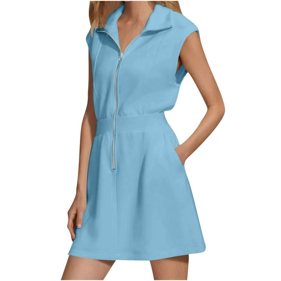 JGGSPWM Women's Summer Casual Temperament Zipper Pocket Sleeveless Dress Solid Color Fashion Daily Work Dresses Blue M