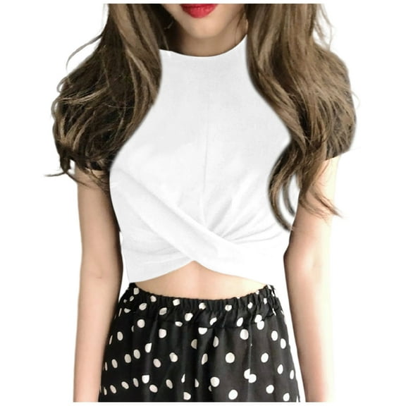 JGGSPWM Women's Summer Causal Short Sleeve Blouse Round Neck Crop Tops Twist Front Tee T-Shirt White XL