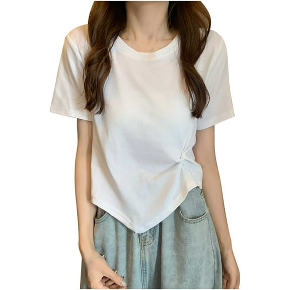 JGGSPWM Women's Summer Causal Short Sleeve Blouse Solid Color Round Neck Crop Tops Twist Front Tee T-Shirt White M