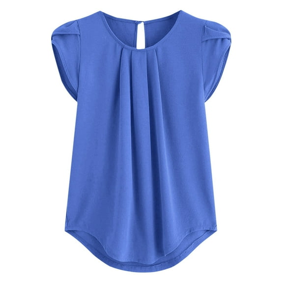 JGGSPWM Women's Summer Chiffon Pleated Crew Neck Petal Short Sleeve Pullover Dressy Casual Solid Color Plus Size Blouse Tshirt Top Blue 3XL