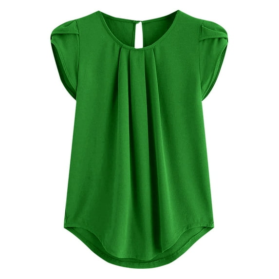 JGGSPWM Women's Summer Chiffon Pleated Crew Neck Petal Short Sleeve Pullover Dressy Casual Solid Color Plus Size Blouse Tshirt Top Green 2XL