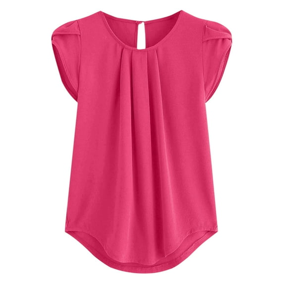 JGGSPWM Women's Summer Chiffon Pleated Crew Neck Petal Short Sleeve Pullover Dressy Casual Solid Color Plus Size Blouse Tshirt Top Hot Pink S