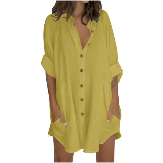 JGGSPWM Women's Summer Cotton Linen Button Down Midi Shirt Dress Long Sleeves Casual Flowy Beach Shift Dress with Pocket Yellow L