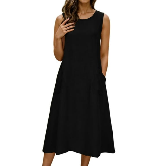JGGSPWM Women's Summer Cotton Linen Dress Lightweight Loose Crew Neck Sleeveless Casual Swing Beach Sun Dresses with Pockets Black L