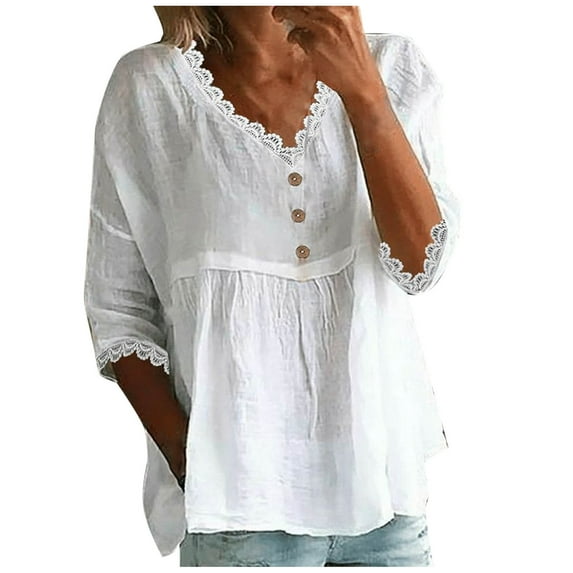 JGGSPWM Women's Summer Cotton Linen Flowy Button Up V Neck 3/4 Sleeve Lace Trim Loose Fit Casual Plus Size Peplum Blouses Tops White M