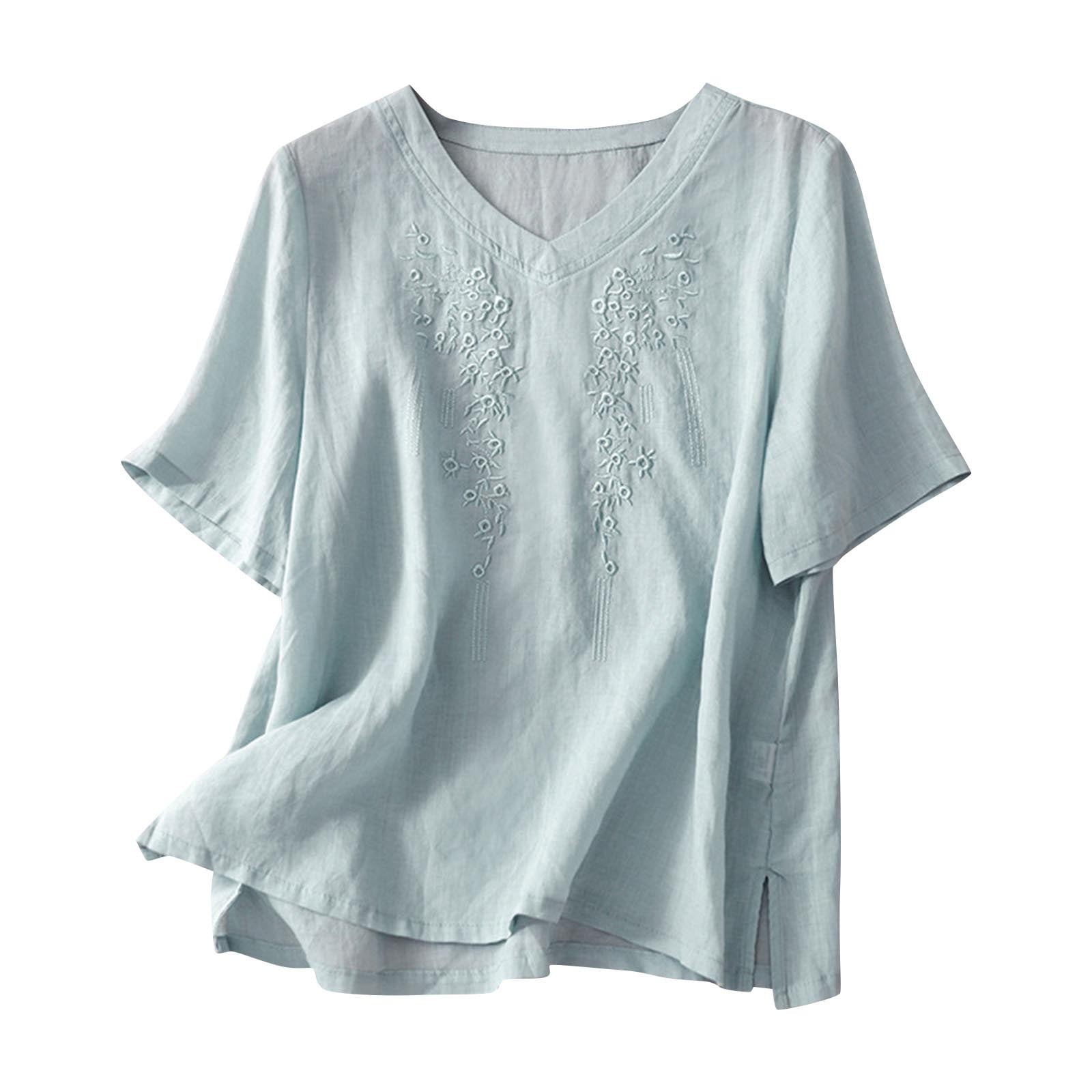 JGGSPWM Women's Summer Cotton Linen V-Neck Short Sleeve Top Loose Fit ...