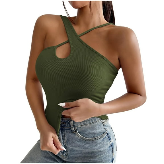 JGGSPWM Women's Summer Cutout Tank Tops Sleeveless Ribbed Slim Fitted Y2K Basic Tee Shirt Green L