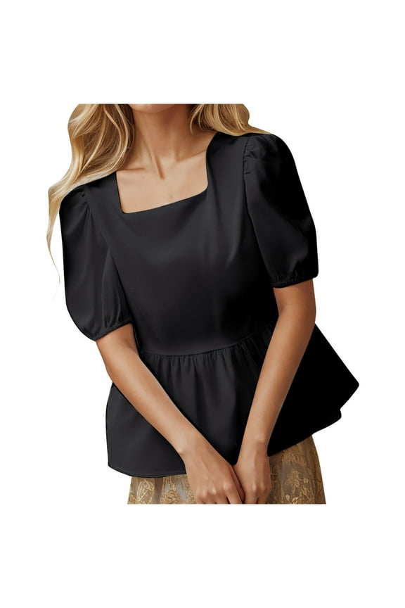 Women's Summer Dressy Casual Retro Peplum Tops Puff Short Sleeve Square Neck Ruched Shirred Ruffle Blouse Black M