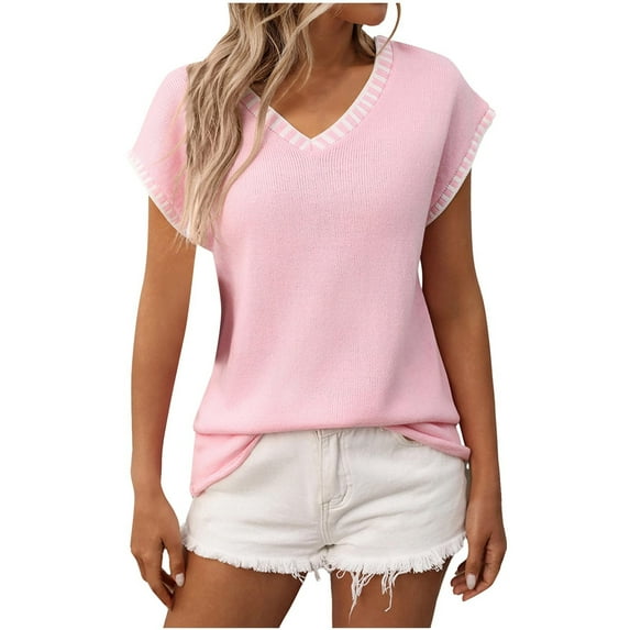 JGGSPWM Women's Summer Knit Tops Fashion Cap Sleeves V-Neck Color Blocked Slim Tunic T-Shirts Going Out Tops Shirts Pink S