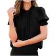 thumbnail image 1 of JGGSPWM Women's Summer Lace Trim Crewneck V Neck Short Puff Sleeve Cotton Dressy Casual Blouse Top Black XL, 1 of 6