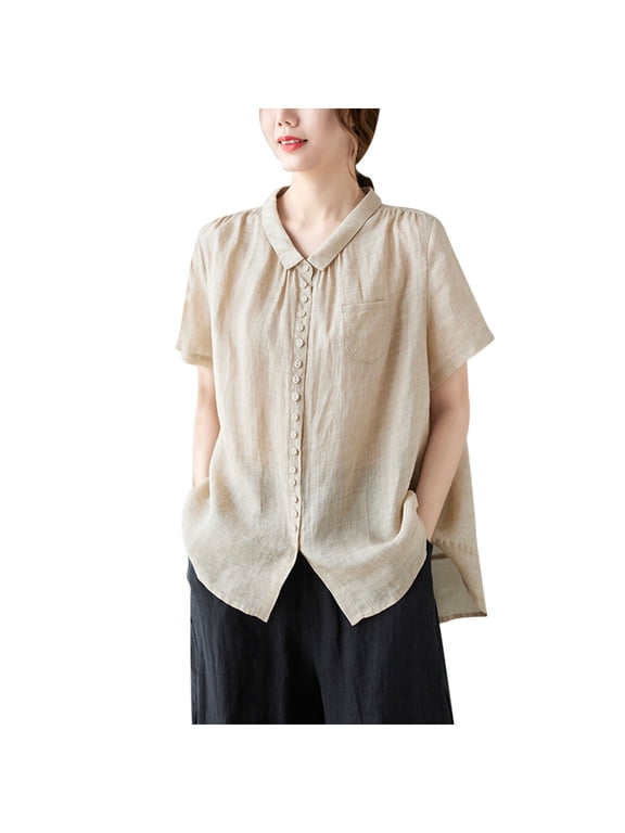 Women's Summer Lightweight Loose Spread Collar Button Down Linen Blouse Top Shirts Beige L