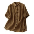 thumbnail image 1 of JGGSPWM Women's Summer Linen Short Sleeve Cotton Linen Blouse Retro Collared Tops Coffee XL, 1 of 2