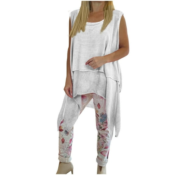 JGGSPWM Women's Summer Loose Irregular High Low Hem Tank Top Layered Tunic Casual Crewneck Sleeveless Tee Shirts White 3XL