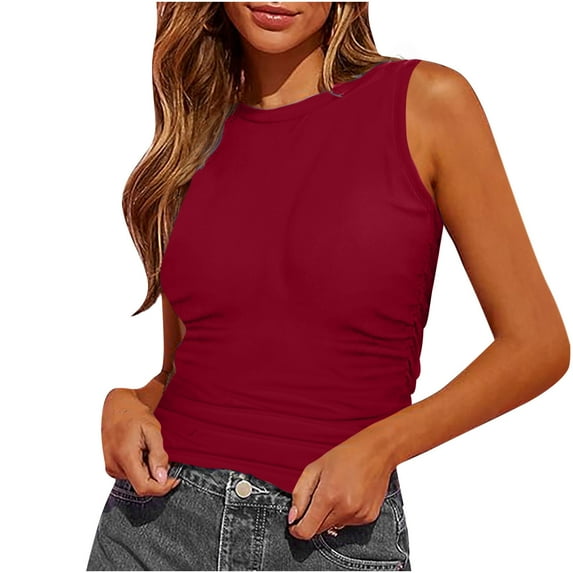 JGGSPWM Women's Summer Mock Neck Sleeveless Tops Side Ruched Cropped Tank Basic Tees Wine S