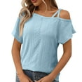 thumbnail image 1 of JGGSPWM Women's Summer Off One Shoulder Cross Strappy Waffle Knit Short Sleeve T-Shirts Lightweight Casual Solid Color Blouses Light Blue M, 1 of 7