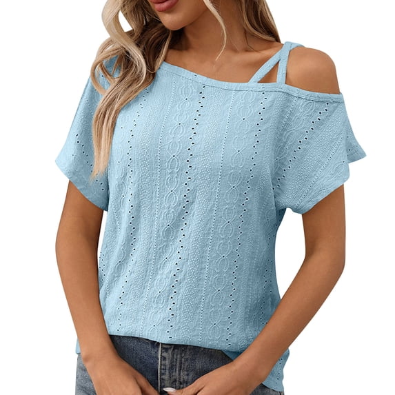 JGGSPWM Women's Summer Off One Shoulder Cross Strappy Waffle Knit Short Sleeve T-Shirts Lightweight Casual Solid Color Blouses Light Blue M