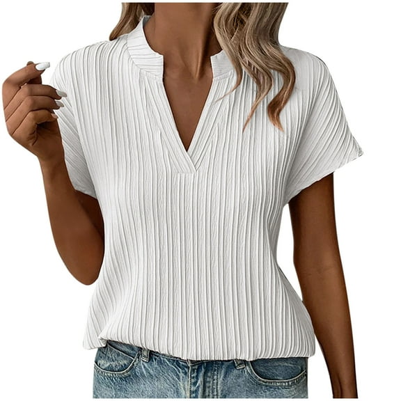 JGGSPWM Women's Summer Office Tops Short Sleeve Textured Loose V Neck Cap Sleeve Dressy Casual Basic T Shirt Blouses White L