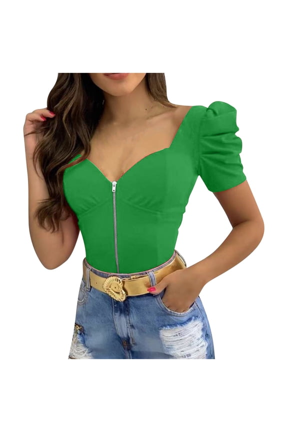 Women's Summer Puff Sleeve Sweetheart Neck Crop Tops Slim Fit Front Zip Party Tees Green L