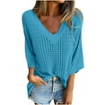 thumbnail image 1 of JGGSPWM Women's Summer Scoop Neck 3/4 Sleeve Sweater Casual Crochet Hollow Out Knit Top Pullover Beach Coverup V Neck Half Sleeve Beach Wear Blue 4XL, 1 of 8
