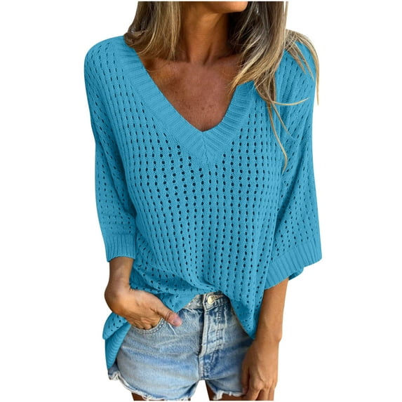 JGGSPWM Women's Summer Scoop Neck 3/4 Sleeve Sweater Casual Crochet Hollow Out Knit Top Pullover Beach Coverup V Neck Half Sleeve Beach Wear Blue 4XL
