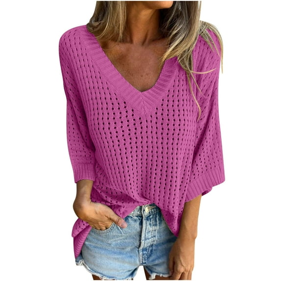 JGGSPWM Women's Summer Scoop Neck 3/4 Sleeve Sweater Casual Crochet Hollow Out Knit Top Pullover Beach Coverup V Neck Half Sleeve Beach Wear Purple L