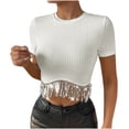 thumbnail image 1 of JGGSPWM Women's Summer Sequin Fringe Ribbed Knit Crop Top Round Neck Short Sleeve Solid Tee Shirt White S, 1 of 9