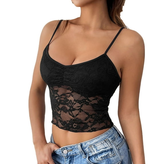 JGGSPWM Women's Summer Sheer Lace Crop Tank Top Loose Scoop Neck Spaghetti Strap Tee Shirts Black M
