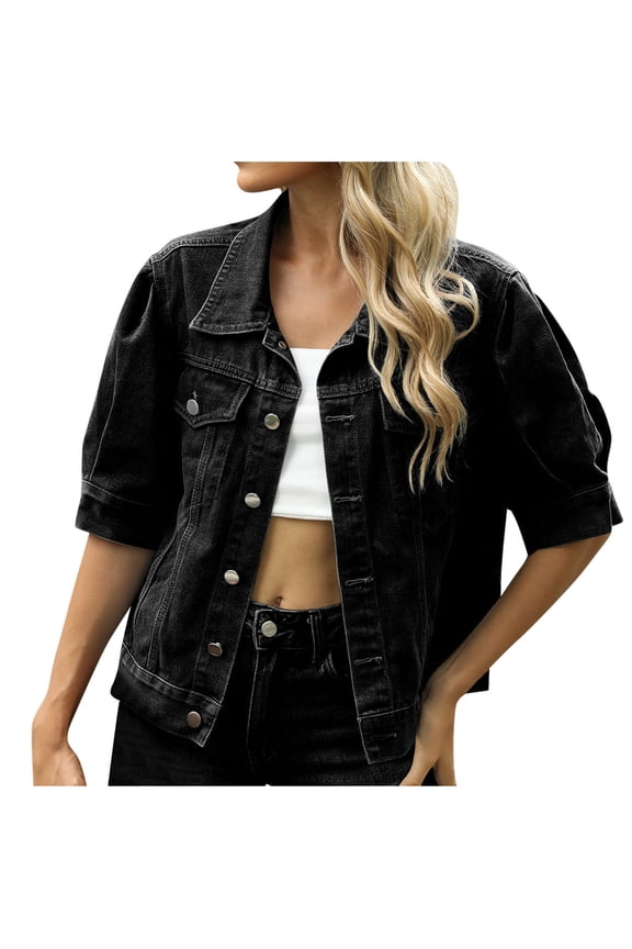 Women's Summer Short Sleeve Denim Jacket Lapel Button Down Casual Cropped Trucker Jean Coats Puff Denim Black S