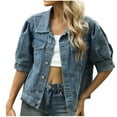 thumbnail image 1 of JGGSPWM Women's Summer Short Sleeve Denim Jacket Lapel Button Down Casual Cropped Trucker Jean Coats Puff Denim Blue XL, 1 of 9