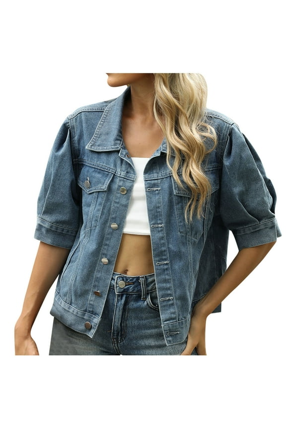 Women's Summer Short Sleeve Denim Jacket Lapel Button Down Casual Cropped Trucker Jean Coats Puff Denim Blue XL