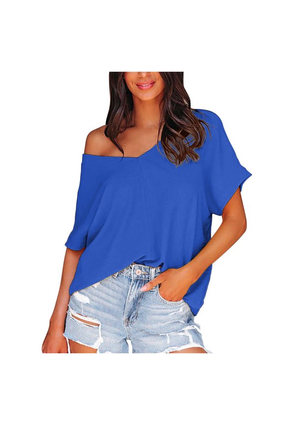Women's Summer Short Sleeve V-Neck Loose Fit Casual Trendy Tees Solid Color Blouse Tops Blue 2XL