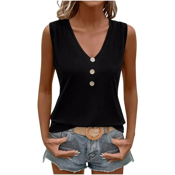 JGGSPWM Women's Summer Sleeveless V-Neck Tank Tops Casual Camisole Button Up Going Out Blouse Shirts Black S