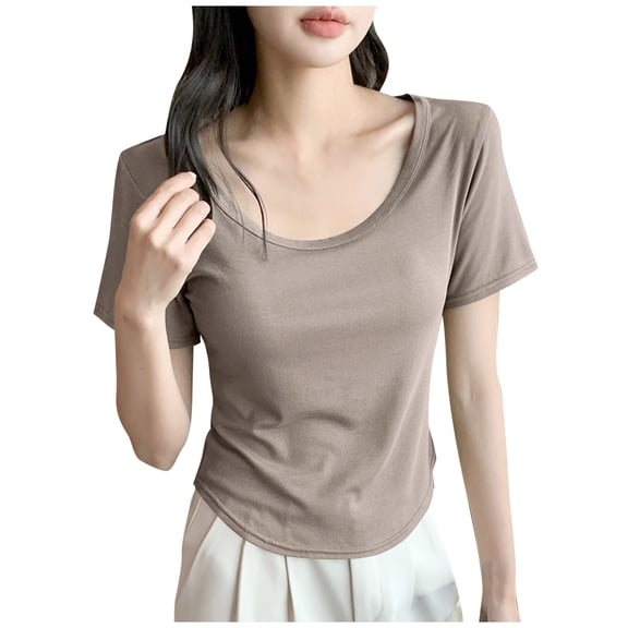 JGGSPWM Women's Summer Solid Color Basic Crop Tops Stretchy Breathable Comfortable Casual Scoop Neck Cap Sleeve Shirt Beige XL
