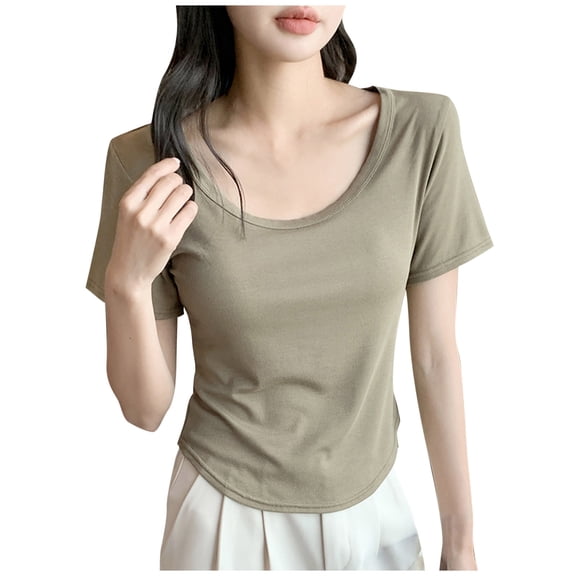 JGGSPWM Women's Summer Solid Color Basic Crop Tops Stretchy Breathable Comfortable Casual Scoop Neck Cap Sleeve Shirt Green M