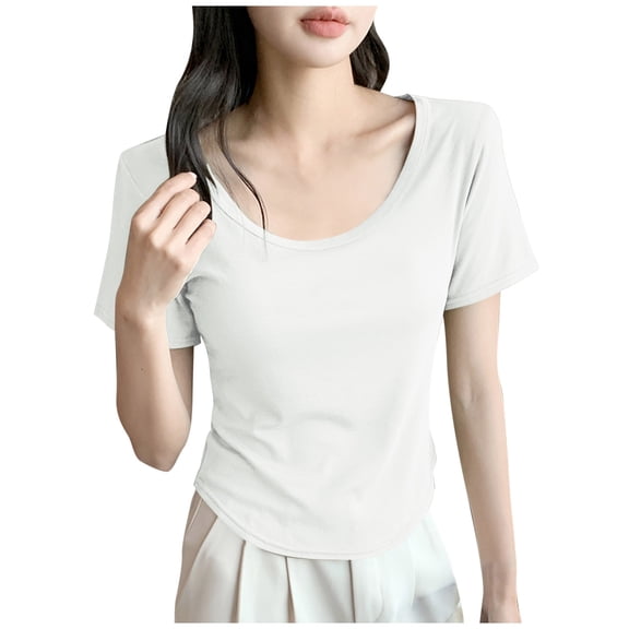 JGGSPWM Women's Summer Solid Color Basic Crop Tops Stretchy Breathable Comfortable Casual Scoop Neck Cap Sleeve Shirt White XL
