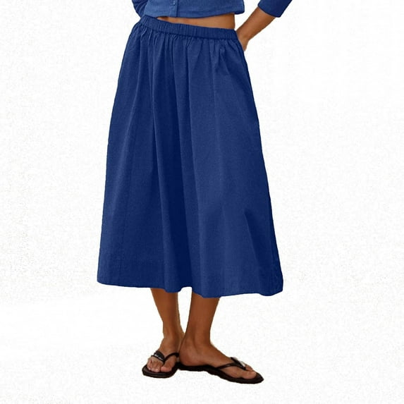 JGGSPWM Women's Summer Solid Color Casual Skirt Elastic Waist A Line Midi Skirts Swing Long Skirt with Pockets Blue S