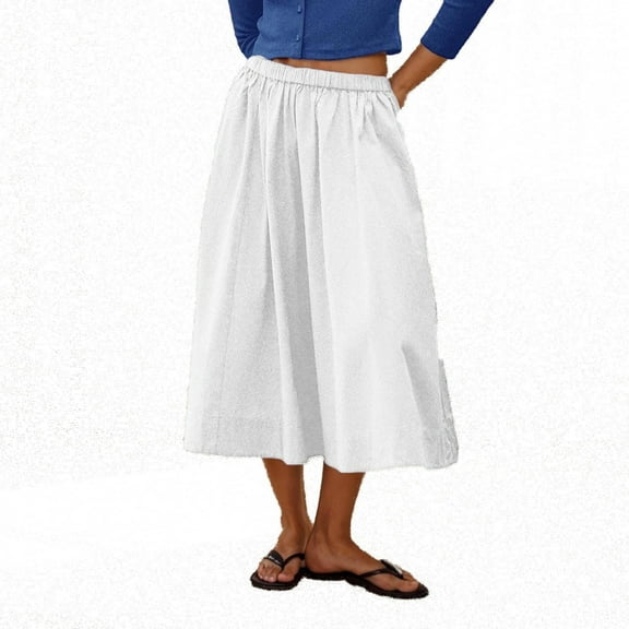 JGGSPWM Women's Summer Solid Color Casual Skirt Elastic Waist A Line Midi Skirts Swing Long Skirt with Pockets White XXL