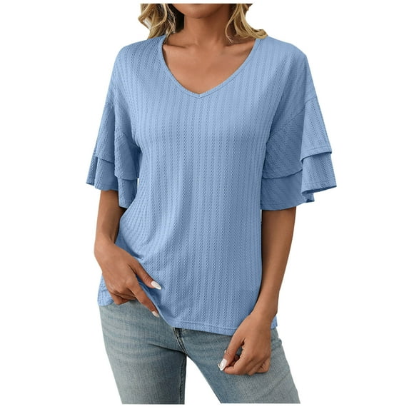 JGGSPWM Women's Summer Solid Color V-Neck Ruffle Sleeves Short Sleeved T-Shirt Top for Women Sky Blue M