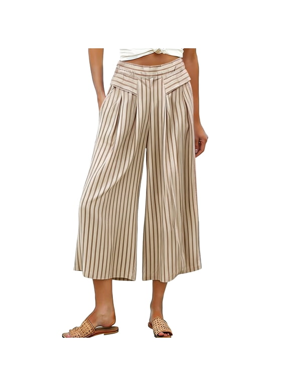 Women's Summer Stripe Wide Leg Culotte Pants High Elastic Waisted Cropped Breathable Comfy Pants with Pockets Brown XXL