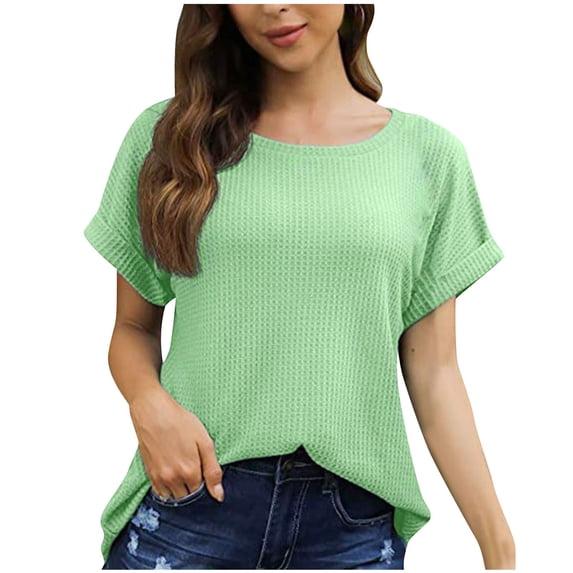 JGGSPWM Women's Summer Tops Casual Waffle Knit Tunic Henley Shirts Solid Crew Neck Short Sleeve Tees Loose Blouses Color Block Basic T-Shirts Green 3XL