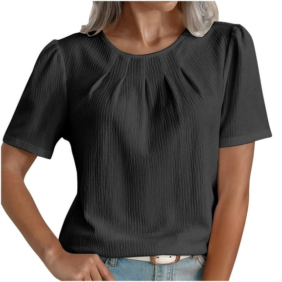 JGGSPWM Women's Summer Trendy Casual Short Sleeve Crewneck Tee Blouse with Fashionable Pleated Design Black S